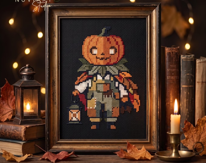 Halloween Pumpkin Head Cross Stitch Pattern, 2 Sizes with Keeper PDF