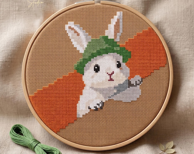 Rabbit Cross Stitch Pattern, The Carrot Keeper Bunny PDF, Digital Download, Spring Counted Chart, Pattern Keeper Compatible