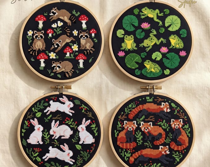 Forest Animals Cross Stitch Pattern Set of 4, Easy Woodland Nursery Decor PDF