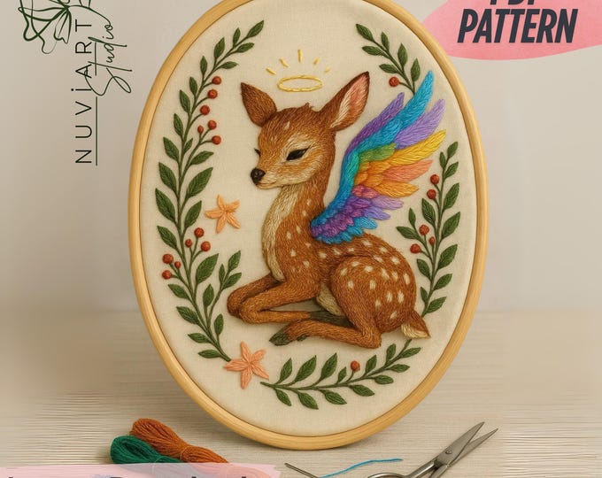 Baby Deer Embroidery Pattern – Rainbow Winged Fawn PDF Instant Download