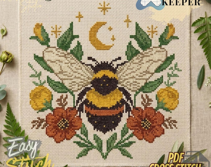 Bumblebee Cross Stitch Pattern, Wildflower Embroidery, Cottagecore Bee Design (PDF Download)