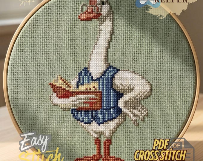 Reading Goose Cross Stitch Pattern PDF, Book Lover Gift, Modern Animal Embroidery Design