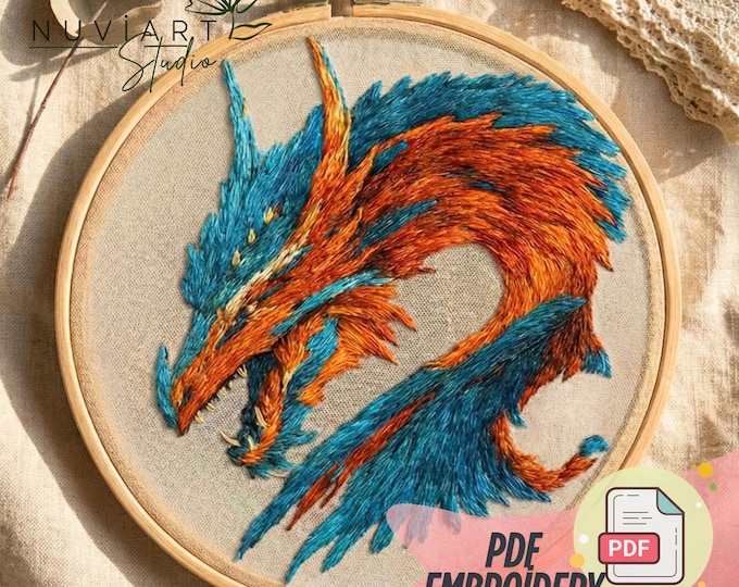 Dragon Embroidery Pattern PDF, Fantasy Hoop Art Tutorial, Mythical Creature Needlepoint