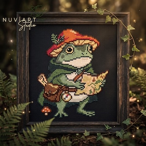 Può includere: Un ricamo a punto croce raffigurante una rana verde che indossa un cappello a fungo rosso e un mantello verde. La rana tiene in mano una mappa e una bussola, con una piccola borsa marrone al fianco. L'opera è in una cornice di legno scuro.
