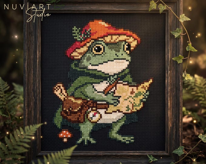 Frog Cross Stitch Pattern PDF, Woodland Explorer Design with Map for Beginners