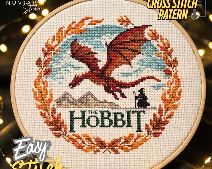The Hobbit Smaug Cross Stitch Pattern PDF, Lonely Mountain LOTR Embroidery,Fantasy art