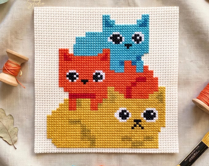 Colorful Stacked Cats Cross Stitch Pattern, Modern Cat Cross Stitch Pattern, 3 Sizes, Pattern Keeper Compatible PDF