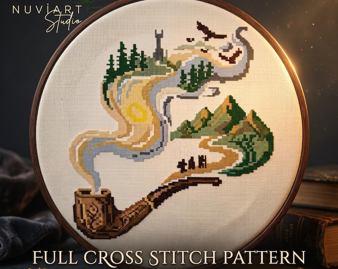 Cross Stitch Pattern, Wizard Pipe Landscape, Middle Earth Fantasy PDF Download