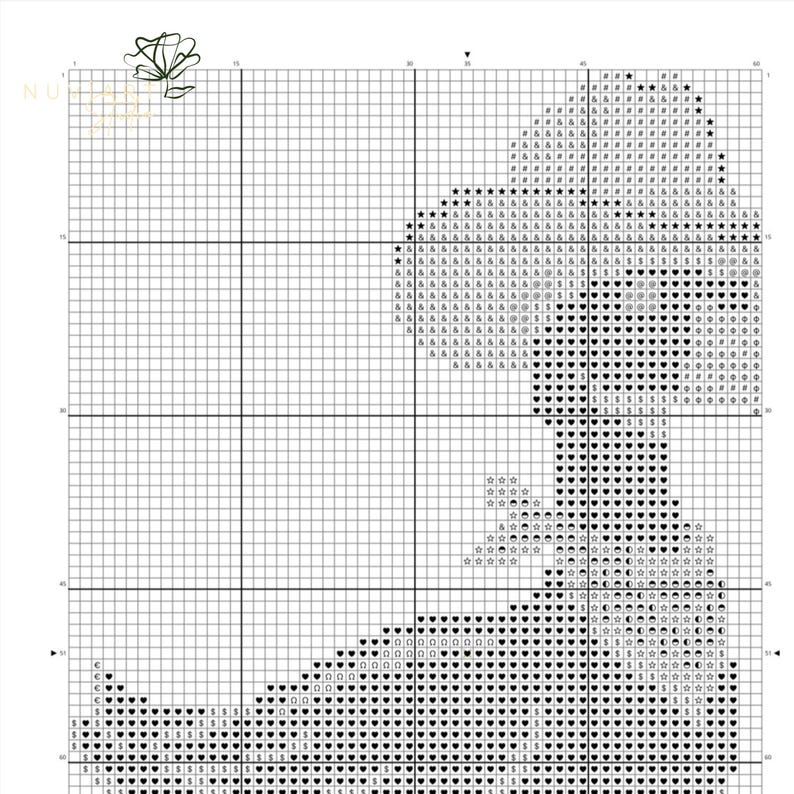 K&ouml;nnte beinhalten: Ein Kreuzstichmuster-Diagramm mit einem stilisierten Katzenmotiv. Das Design verwendet ein Raster aus Quadraten mit Symbolen und Farben zur Anleitung des Stickens. Die Katzenkontur ist deutlich, mit Details wie Ohren und Schwanz klar definiert.