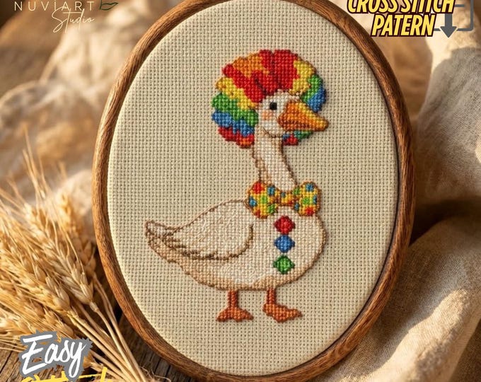 Clown Duck Cross Stitch Pattern, Beginner Friendly Carnival Embroidery (PDF)
