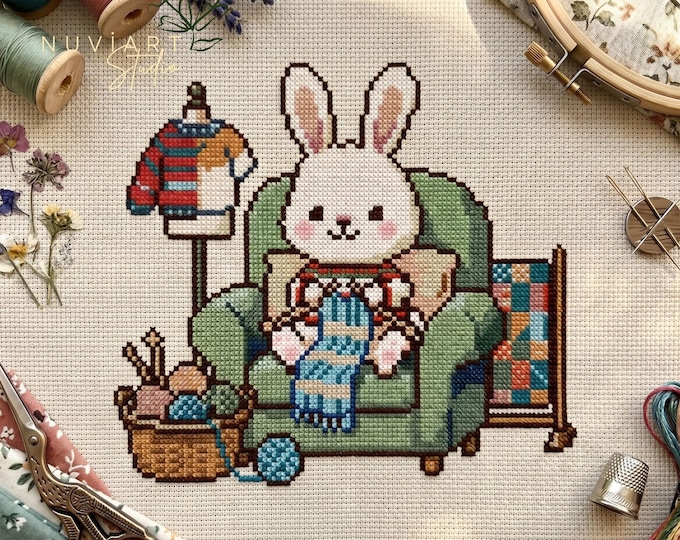 Knitting Rabbit Cross Stitch Pattern, Cottagecore Bunny Design, Cozy Yarn Lover Craft (PDF Download)