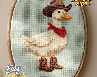 Cowboy Ente Kreuzstich Anleitung PDF, Western Tier Stickerei, einfache Anfänger Nadelspitze