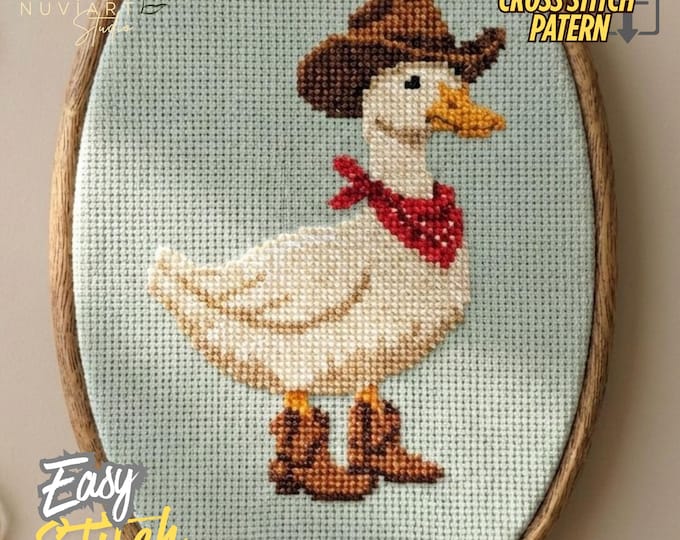 Cowboy Duck Cross Stitch Pattern PDF, Western Animal Embroidery, Easy Beginner Needlepoint