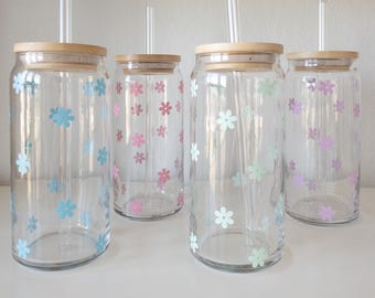 Daisy Glass Cup With Lid and Straw, Flower Glass Cups, Floral Glass Cup, Glass Tumbler, Glass Tumbler with Straw and Lid, Iced Coffee Cup