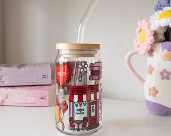 Valentines Day Coffee & Books Glass with Straw | Cute Gift for Book Lovers and Coffee Lovers | Cozy Glassware for Her