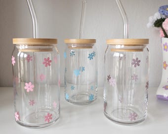 Flower Glass Cups, Floral Iced Coffee Cup, Glass Cups With Lid and Straw, Glass Coffee Cup With Lid and Straw Sets, Glass Iced Coffee Cup