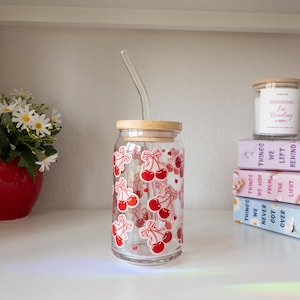 Coquette Cherry Glass Tumbler with Bamboo Lid & Straw – Cute Retro Drinkware, Reusable Iced Coffee Cup, Fruit Aesthetic Glass, Girly Cup