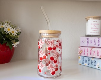 Coquette Cherry Glass Tumbler with Bamboo Lid & Straw – Cute Retro Drinkware, Reusable Iced Coffee Cup, Fruit Aesthetic Glass, Girly Cup