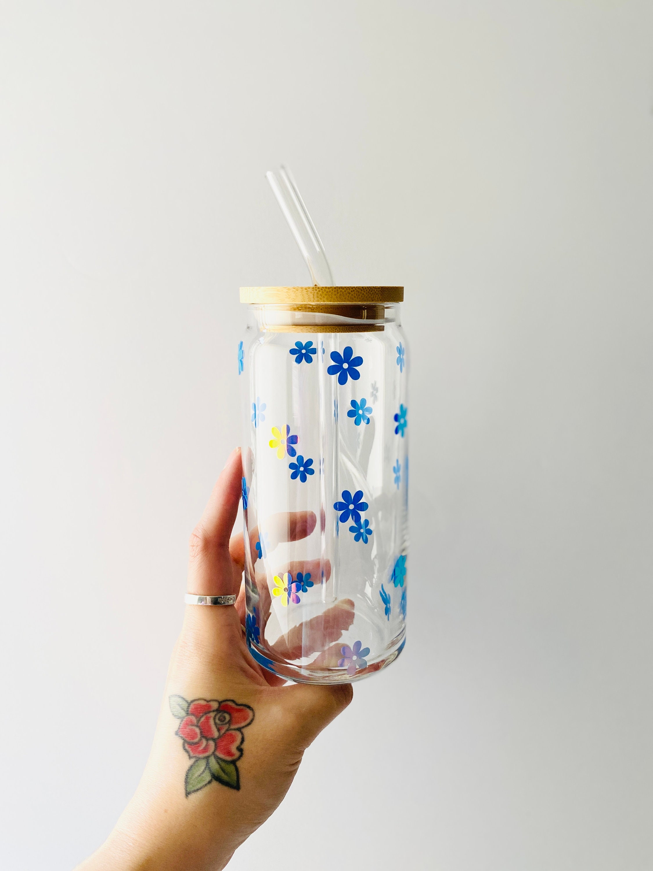 Glass Cups With Lid and Straw, Flower Glass Cups, Floral Glass