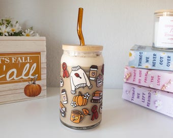 Fall Sweater Bookish Glass Cup With Lid & Straw