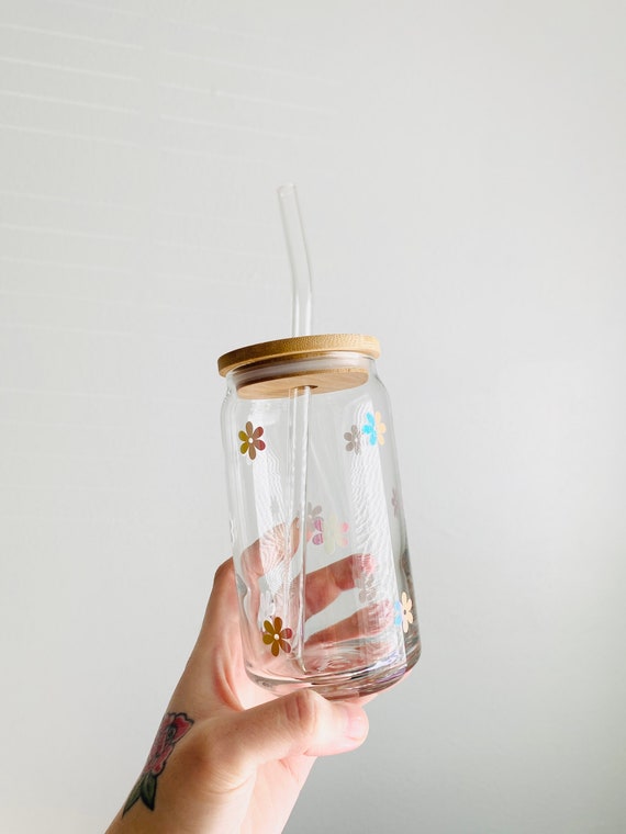 ANOTION Cute Glass Cups with Lids and Straws, Mason Jars with Flower  Design, Bamboo Lid, Iced Coffee…See more ANOTION Cute Glass Cups with Lids  and