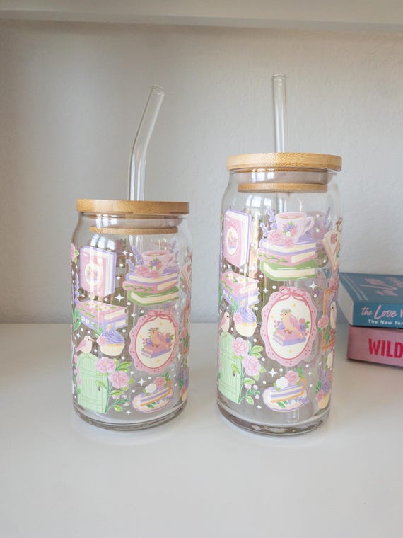 Bookish Iced Coffee Cup, Floral Glass Cups With Lid & Straw, Tea and Book Lover Glass Cups, Gifts for Book Lovers, Be Bold Stay Bold