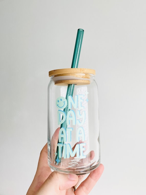 Daily Affirmation Libbey Glass Can 16oz, Glass Tumbler, Bamboo Lid and Straw