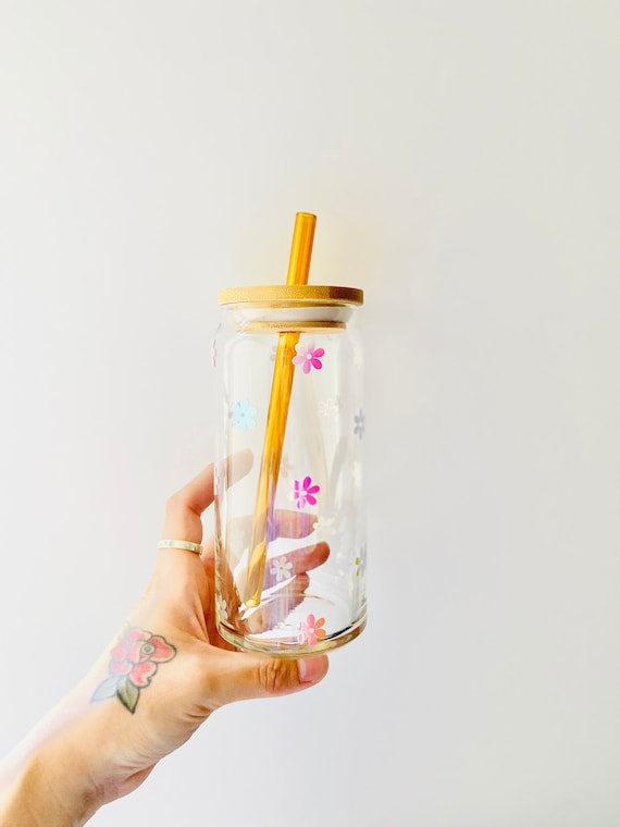 Holographic Glass Cup With Lid and Straw, Flower Glass Cups