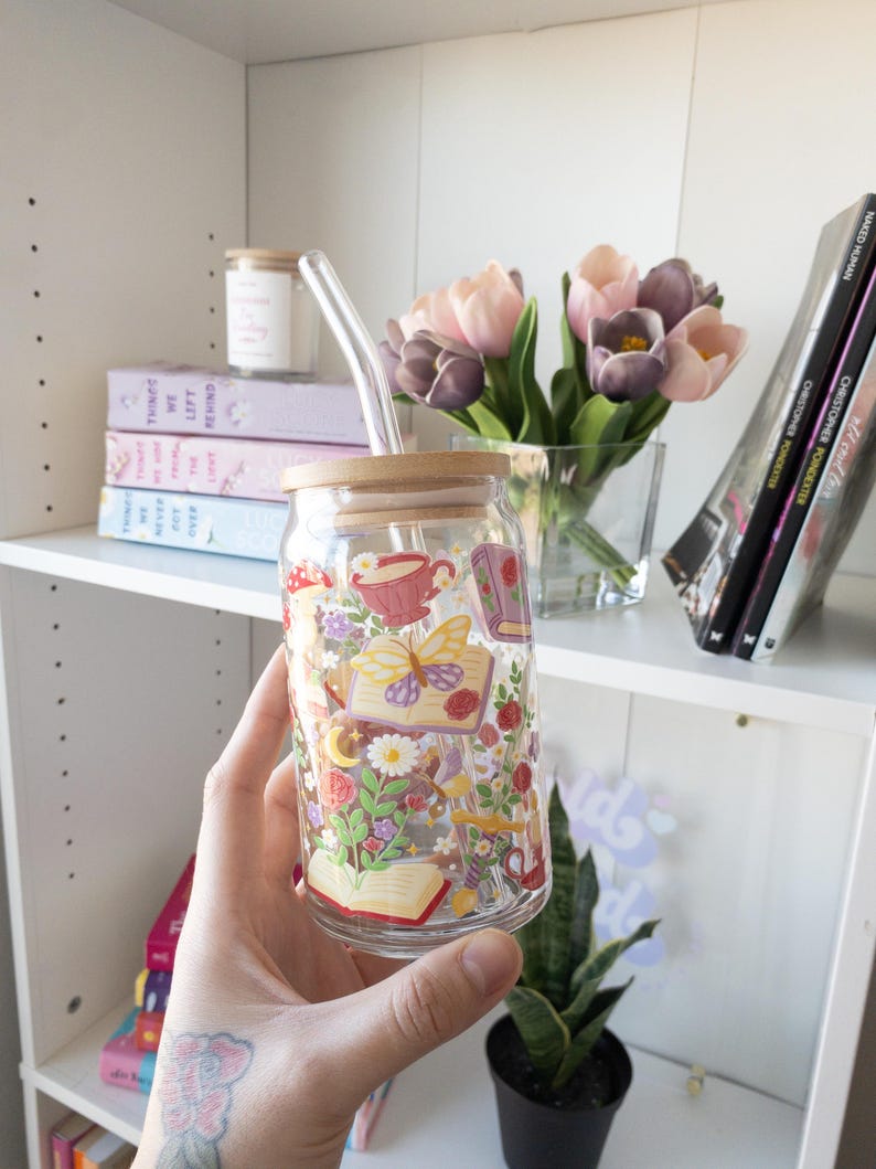 Bookish Iced Coffee Cup, Fantasy Glass Cups with lid & straw, Book Lover Glass Cups, Gifts for Book Lovers, Be Bold Stay Bold image 1