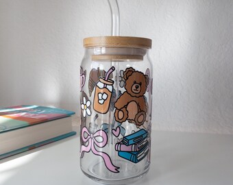 Coquette Teddy Bear Glass Cup, Book Lover Gift