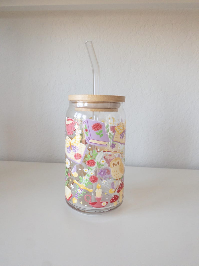 Bookish Iced Coffee Cup, Fantasy Glass Cups with lid & straw, Book Lover Glass Cups, Gifts for Book Lovers, Be Bold Stay Bold image 3