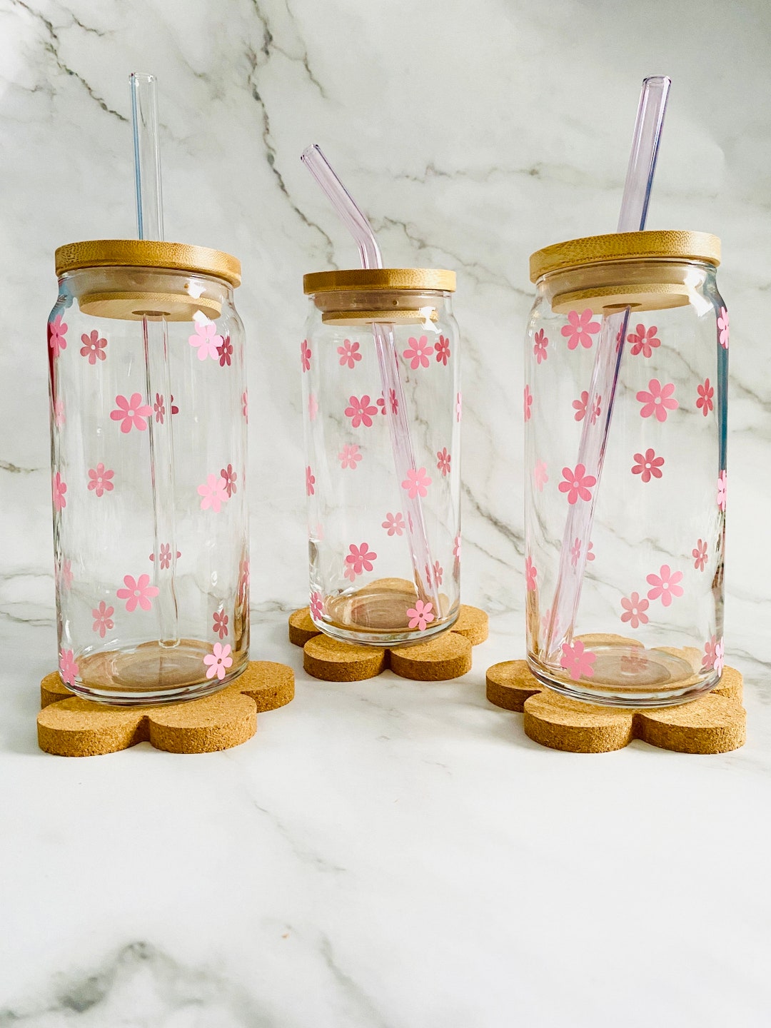 Girls Retro Flower Tumbler Glass Can with Bamboo Lid and Straw for Preteen Girls, Birthday Party Favors, 16 oz Glass Can from BluChi