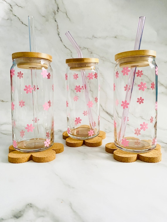 Glass Cups With Lid and Straw, Flower Glass Cups, Floral Glass