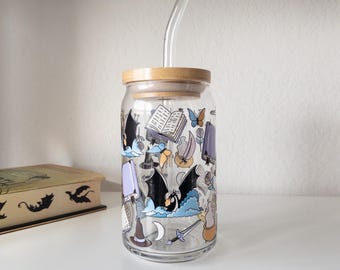 Fantasy Book Glass Tumbler with Bamboo Lid & Glass Straw | Magical Reading Cup | Book Lover Gift | Witchy Bookish Aesthetic Drinkware