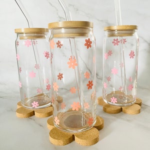 Flower Glass Cups, Floral Iced Coffee Cup, Glass Cups With Lid and Straw, Glass Coffee Cup With Lid and Straw Sets, Glass Iced Coffee Cup