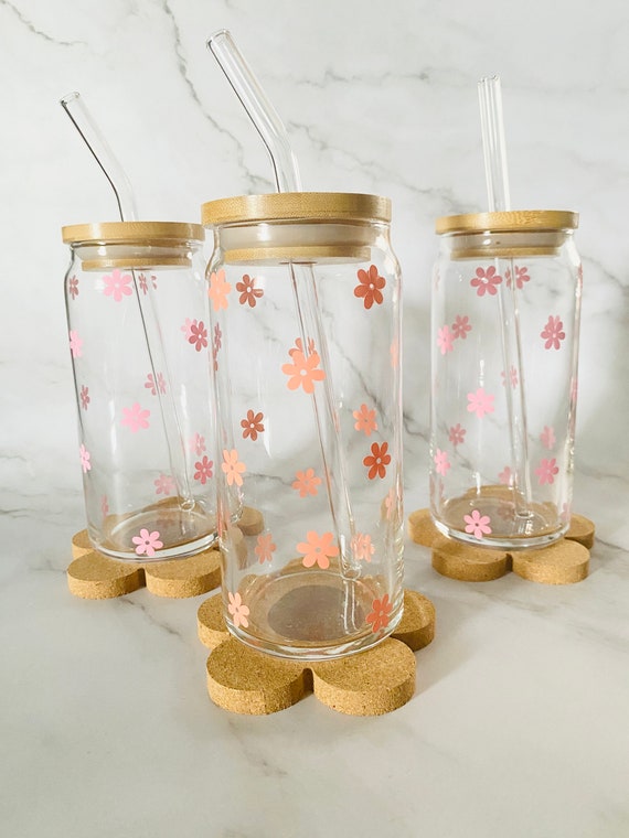 Glass Cups With Lid and Straw, Flower Glass Cups, Floral Glass