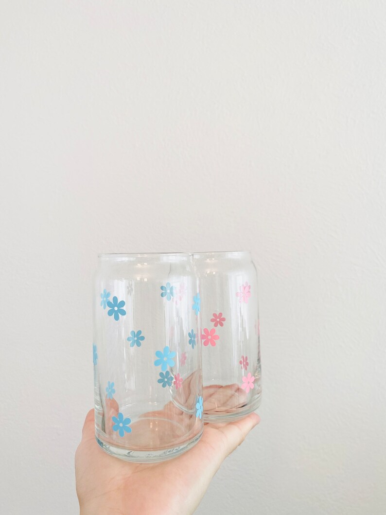 Flower Glass Cups Floral Iced Coffee Cup Glass Cups With Lid Etsy