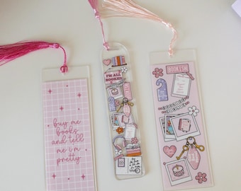 Cute Pink Bookmarks – Book Lover Gifts, Clear Acrylic Bookmarks with Tassel, Bookish Gifts for Readers