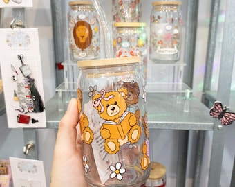 Cute Teddy Bear Glass Tumbler with Bamboo Lid & Glass Straw | Kawaii Cup | Aesthetic Drinkware | Gift for Book Lovers