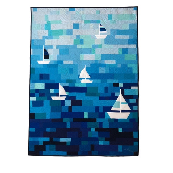 Handmade Textile Collage Art - Modern Art Quilt Sailing the Sea - Perfect for Quilted Wall Art Enthusiasts