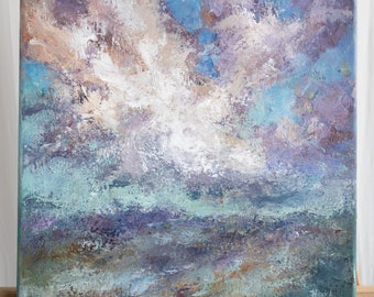 Pintura acrílica abstracta de paisaje sobre lienzo, decoración de pared con textura de nubes, obra de arte de horizonte de nubes, escena natural original pintada a mano.