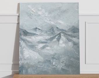 Minimalist Blue Winter Mountains Oil Painting, Handpainted Impasto Snowy Landscape With Palette Knife, Moody Home Decor, Neutral Wall Art