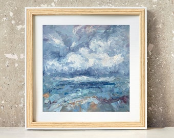 Abstract Seascape Cloud Art Print, Giclée Print Of Impasto Palette Knife Oil Painting, Light Blue Coastal Artwork, Ocean Horizon Wall Decor