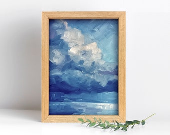 Framed Abstract Seascape With Clouds Oil Painting, Expressive Handpainted Artwork, Simple Aesthetic Wall Decor, Ready To Hang Ocean Horizon