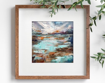 Pintura al óleo de paisaje playero abstracto, decoración de horizonte oceánico con marea baja, tapiz texturizado de atardecer en la playa, obra costera con espátula empastada