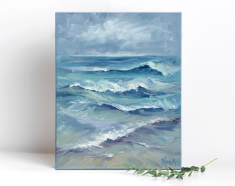 Waves Oil Painting On Canvas, Modern Impressionist Seascape Artwork, Original Handpainted Coastal Wall Decor, Ocean Beach Landscape Hanging