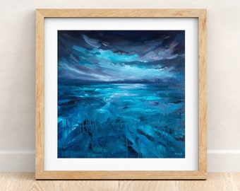 Abstract Landscape Giclée Print, Art Print Of Blue Horizon Acrylic Painting, Modern Coastal Wall Decor, Custom Size Square Artwork Hanging