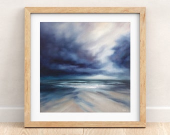 Giclée Print Of Stormy Seascape Oil Painting, Blue Clouds Ocean Horizon Art Print, Modern Coastal Wall Decor, Beach Landscape Hanging