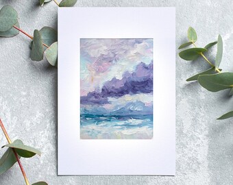Obra de arte oceánica estética con técnica de empaste sobre tapete, paisaje marino abstracto con nubes, pintura al óleo en colores pastel, decoración de pared colorida y texturizada de Miami de los años 80