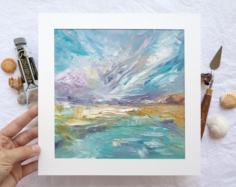 Abstract Beach Sunset Oil Painting, Impasto Ocean And Clouds Artwork, Original Handpainted Seascape Art, Textured Square Coastal Wall Decor
